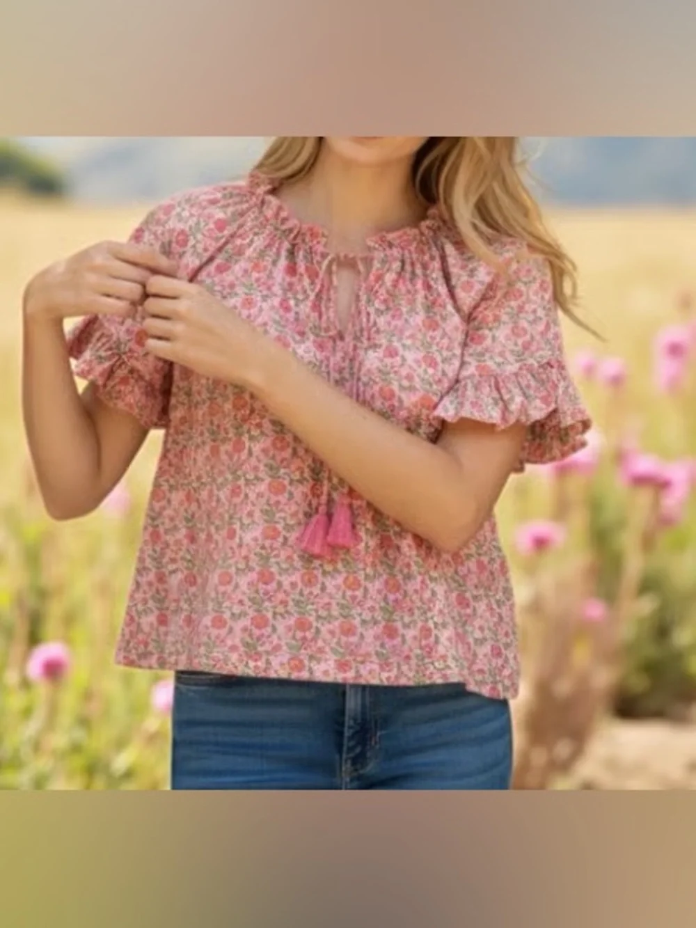 Tuckernuck - NEW - Pink Floral Tie-Neck Ruffle Sleeve Top